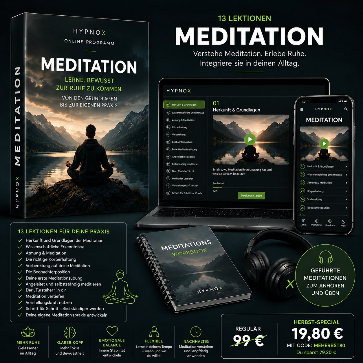 HypnoX Online-Programm „Meditation“ — 13 Lektionen, Meditations-Workbook und geführte Meditationen