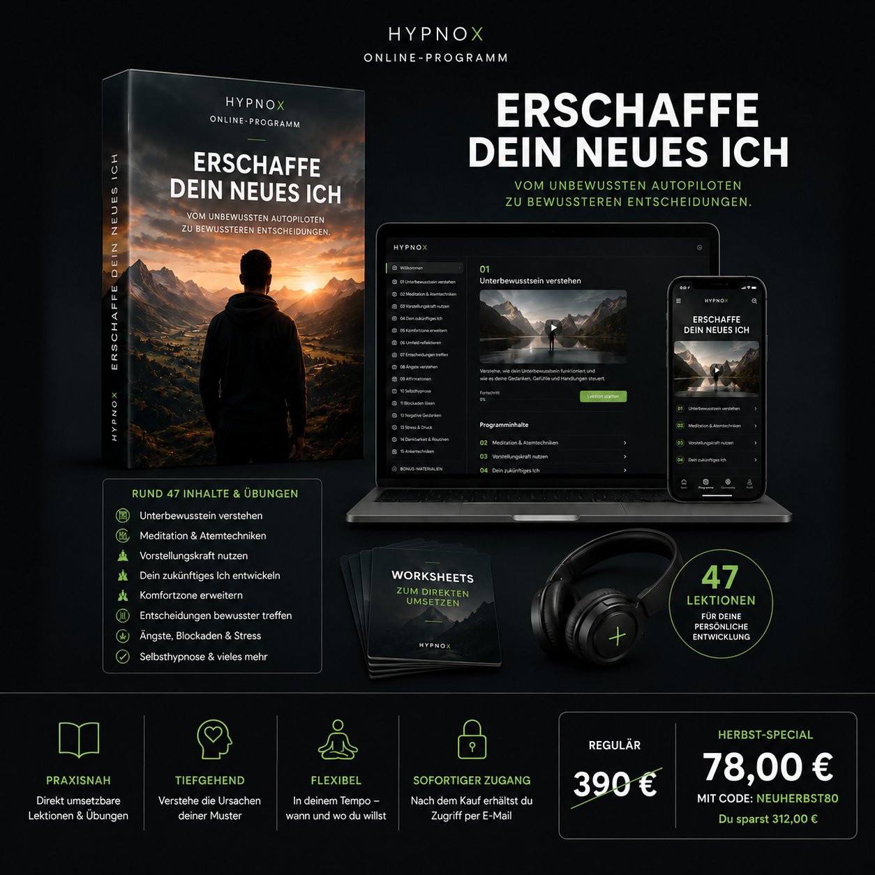 HypnoX Online-Programm „Erschaffe dein neues Ich“ — rund 47 Inhalte und Übungen, Worksheets und geführte Audios