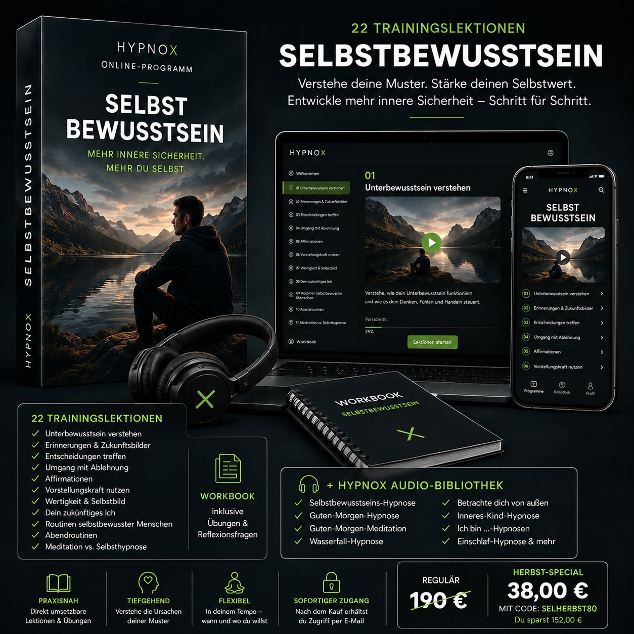 HypnoX Online-Programm „Selbstbewusstsein“ — 22 Trainingslektionen, Workbook und die HypnoX Audio-Bibliothek