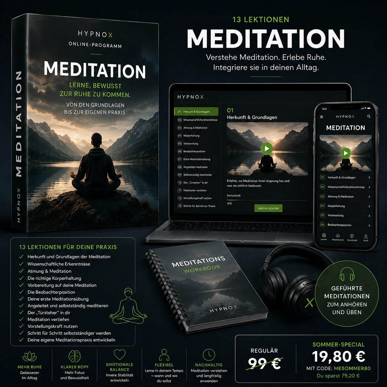 HypnoX Online-Programm „Meditation“ — 13 Lektionen, Meditations-Workbook und geführte Meditationen