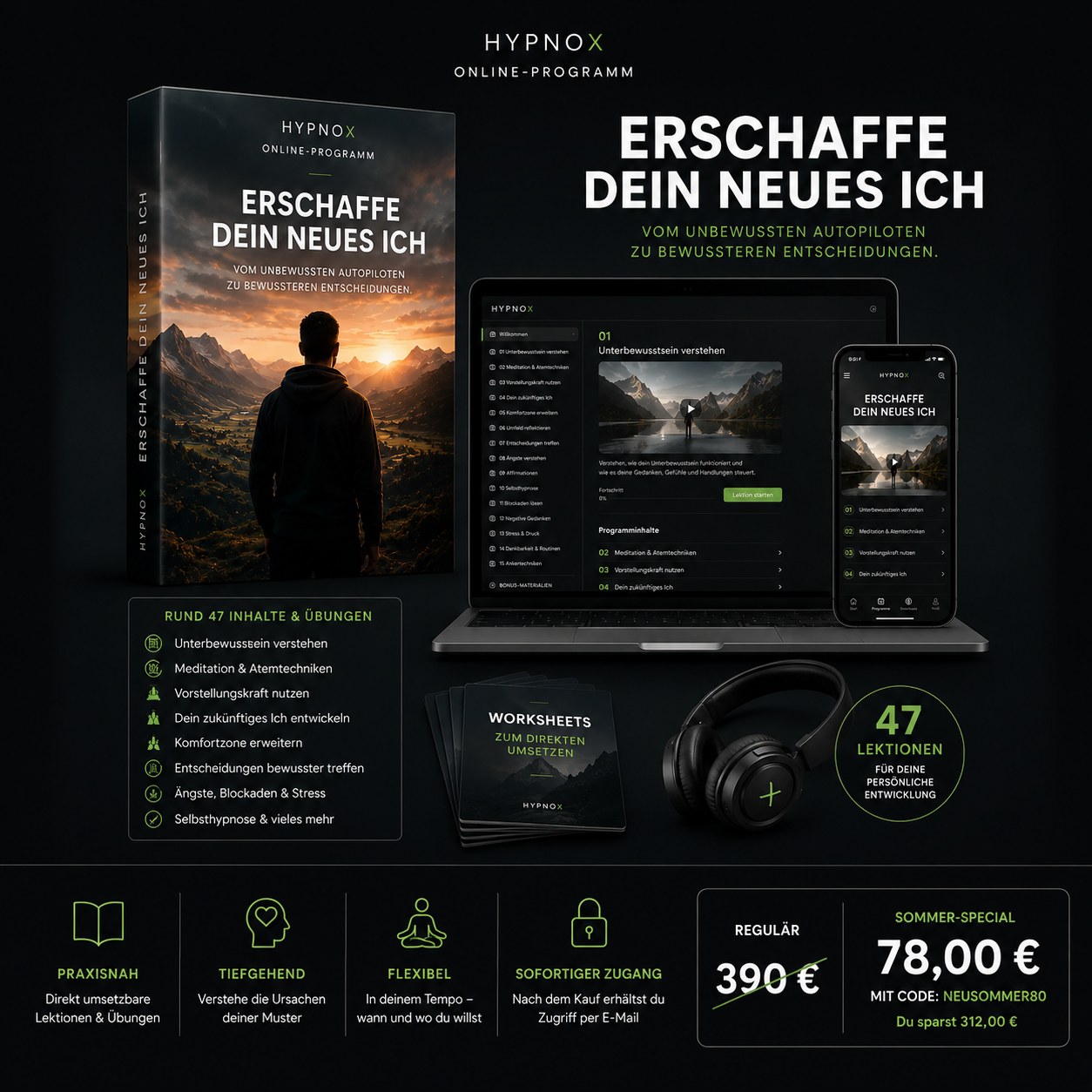 HypnoX Online-Programm „Erschaffe dein neues Ich“ — rund 47 Inhalte und Übungen, Worksheets und geführte Audios
