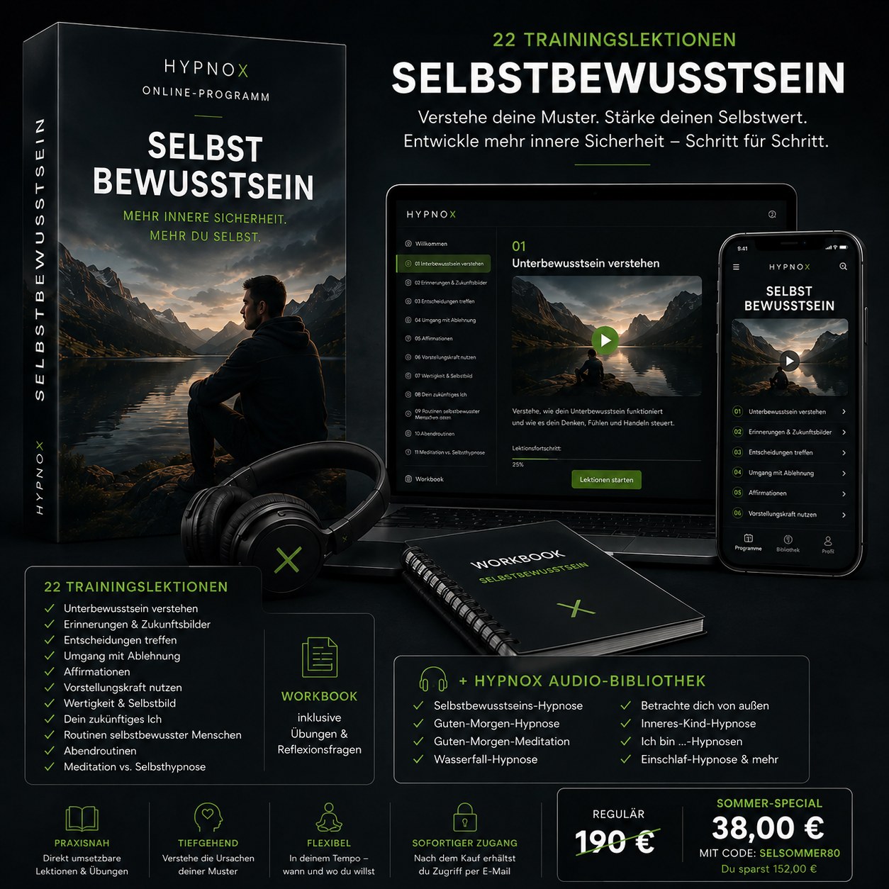 HypnoX Online-Programm „Selbstbewusstsein“ — 22 Trainingslektionen, Workbook und die HypnoX Audio-Bibliothek